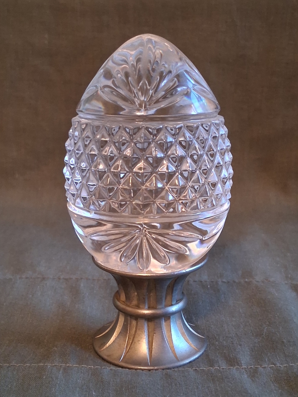 Clear Cut Glass Egg Sculpture on Silver Base - Decorative Avon Home Art
